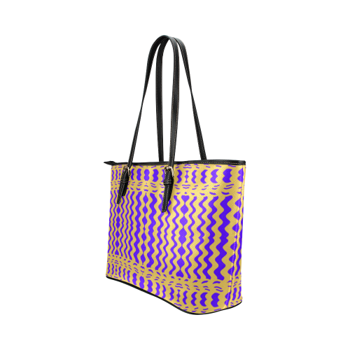 Purple Yellow Modern  Waves Lines Leather Tote Bag/Large (Model 1651)