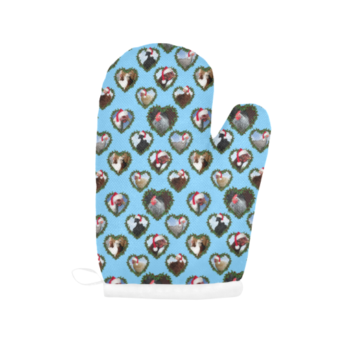 Christmas Chickens in Heart Wreaths on Blue Oven Mitt (Two Pieces)