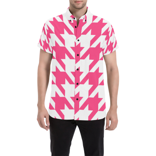 Pink Houndstooth Men's All Over Print Short Sleeve Shirt/Large Size (Model T53)
