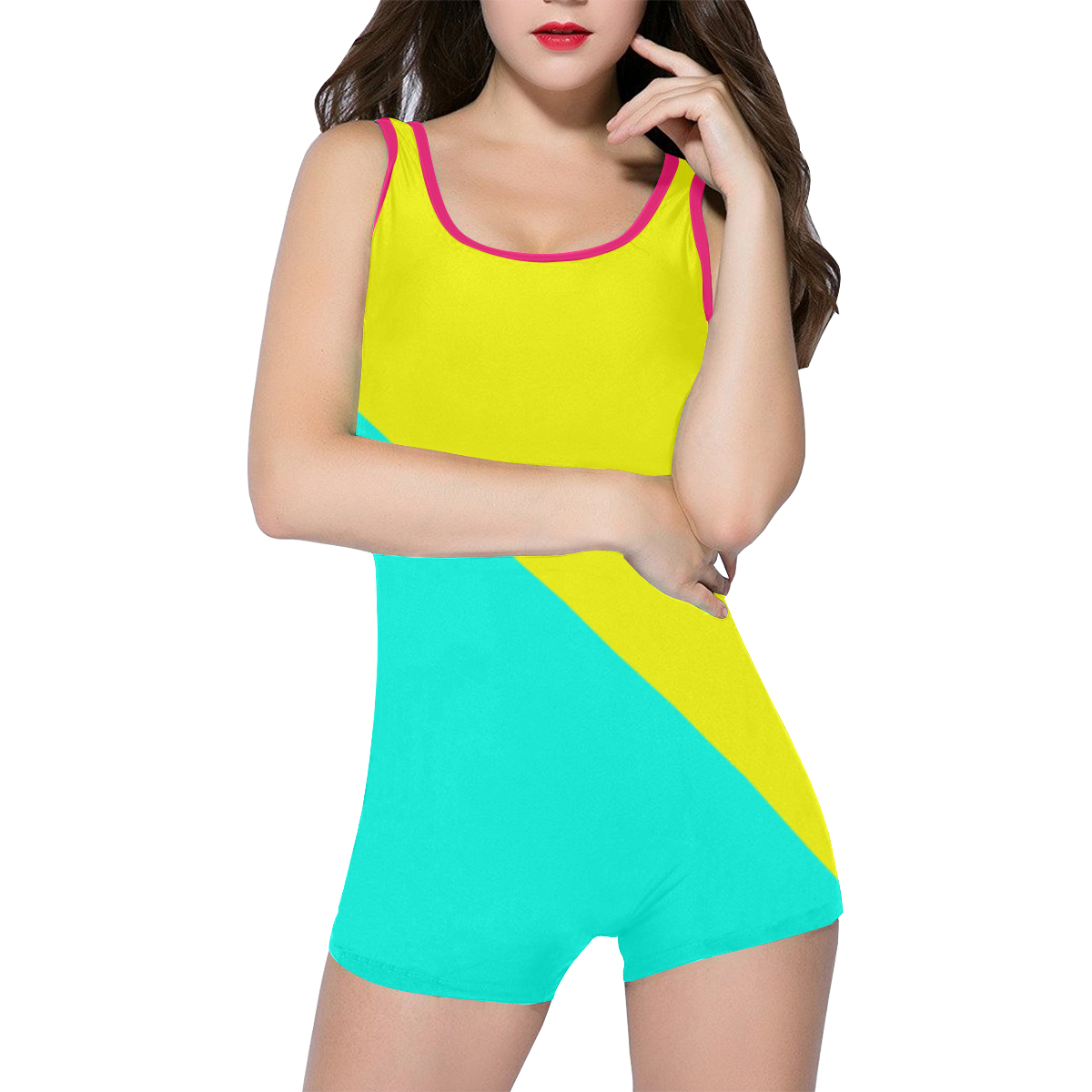 Bright Neon Yellow Pink And Blue Classic One Piece Swimwear Model S03