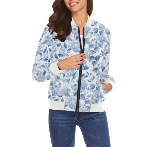 Blue and White Floral Pattern All Over Print Bomber Jacket for Women (Model H19)