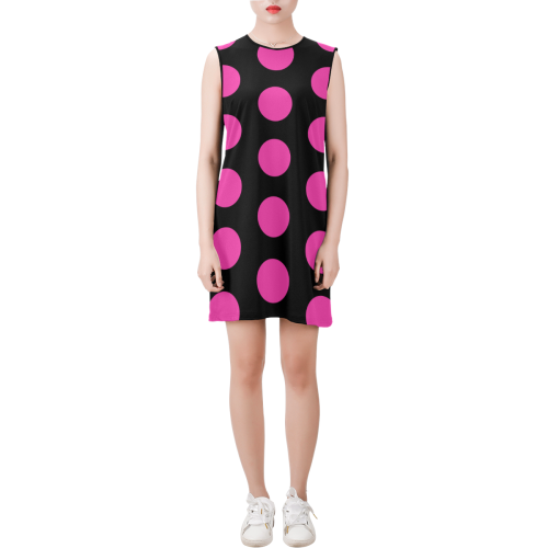 Pink Polka Dots on Black Sleeveless Round Neck Shift Dress (Model D51)