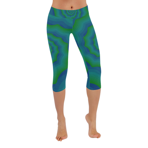 Green blue shell spiral Women's Low Rise Capri Leggings (Invisible Stitch) (Model L08)