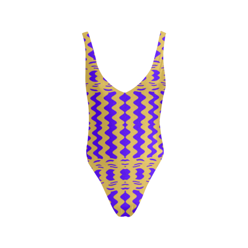 Purple Yellow Modern  Waves Lines Sexy Low Back One-Piece Swimsuit (Model S09)