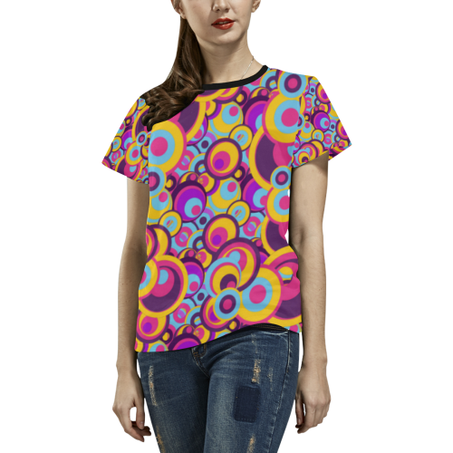 Retro Circles Groovy Violet, Yellow, Blue Colors All Over Print T-shirt for Women/Large Size (USA Size) (Model T40)
