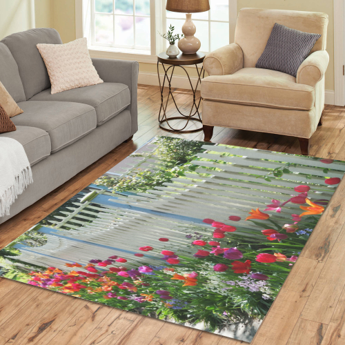 Tulips Garden Along White Picket Fence Floral Photography area rug Area Rug7'x5'