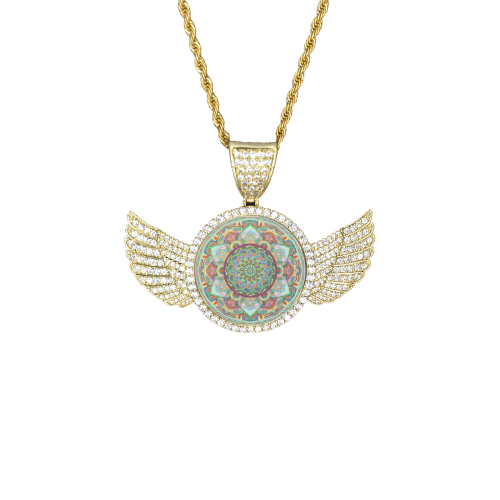 indian mandala Wings Gold Photo Pendant with Rope Chain