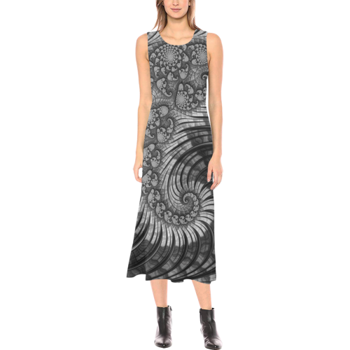 Coral Reef in Black and White Fractal Abstract Phaedra Sleeveless Open Fork Long Dress (Model D08)