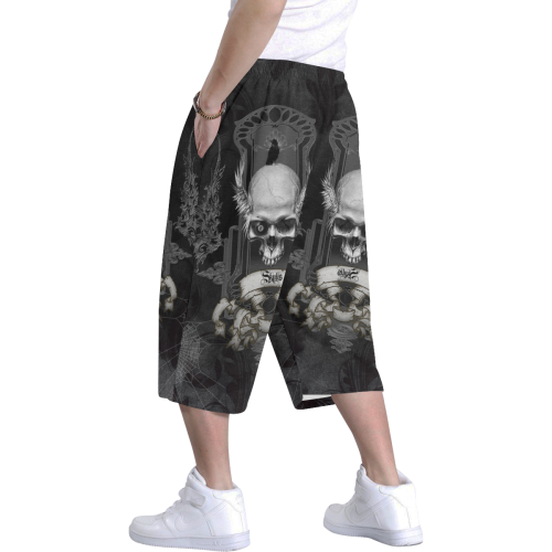Skull with crow in black and white Men's All Over Print Baggy Shorts (Model L37)