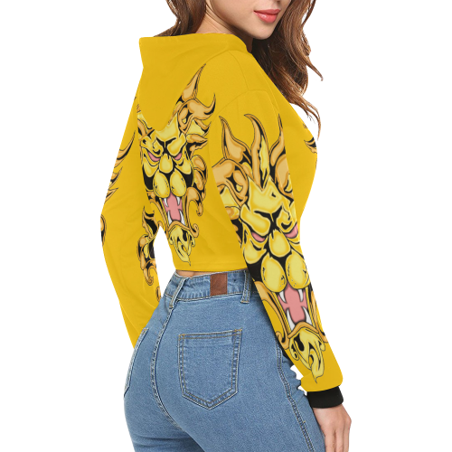 Gold Metallic Lion Yellow All Over Print Crop Hoodie for Women (Model H22)