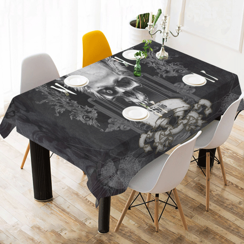 Skull with crow in black and white Cotton Linen Tablecloth 60" x 90"