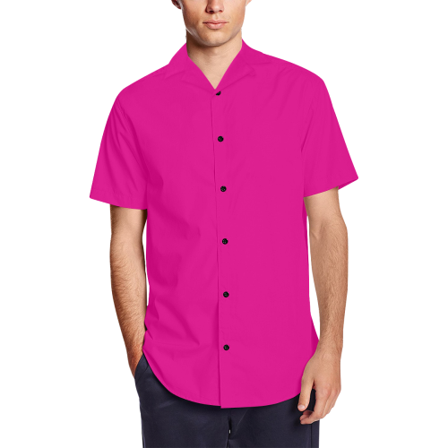 Gold Metallic Lion Pink Men's Short Sleeve Shirt with Lapel Collar (Model T54)