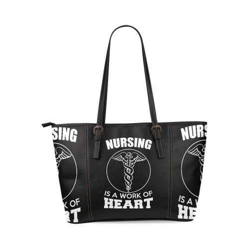 NURSING IS A WORK OF HEART BLACK Leather Tote Bag/Large (Model 1640)
