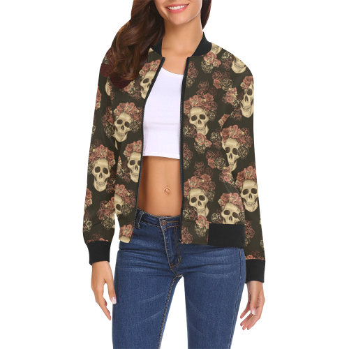 Skull and Rose Pattern All Over Print Bomber Jacket for Women (Model H19)