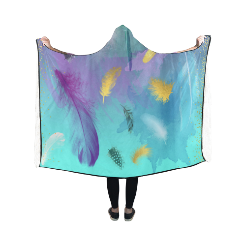 Dancing Feathers - Turquoise and Purple Hooded Blanket 50''x40''