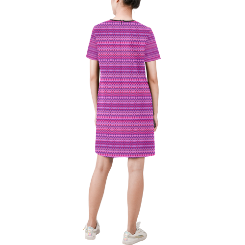 Multicolored wavy pattern Short-Sleeve Round Neck A-Line Dress (Model D47)