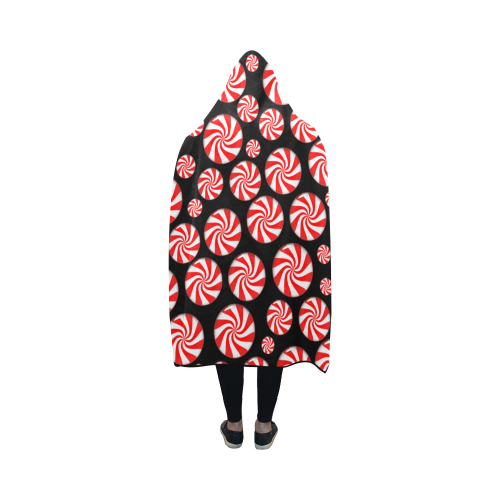 Christmas Peppermint Candy on Black Hooded Blanket 50''x40''