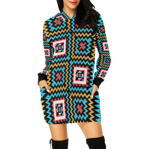 Shapes on a black background All Over Print Hoodie Mini Dress (Model H27)