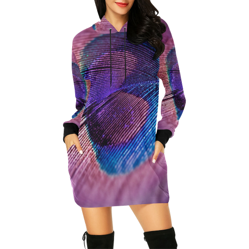 Purple Peacock Feather All Over Print Hoodie Mini Dress (Model H27)
