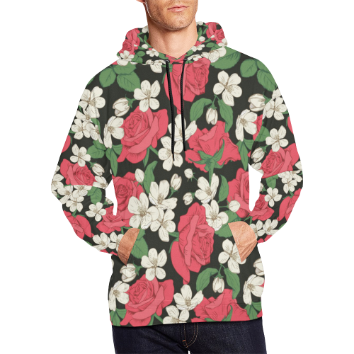 Pink, White and Black Floral All Over Print Hoodie for Men/Large Size (USA Size) (Model H13)