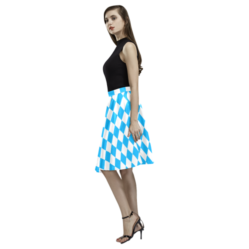 Blue and White Checkerboard Melete Pleated Midi Skirt (Model D15)