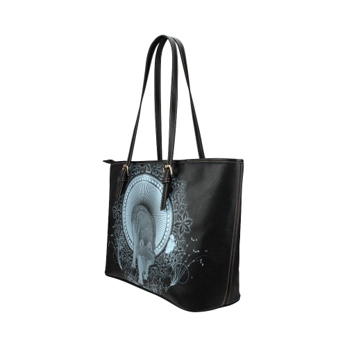 Wolf in black and blue Leather Tote Bag/Small (Model 1651)