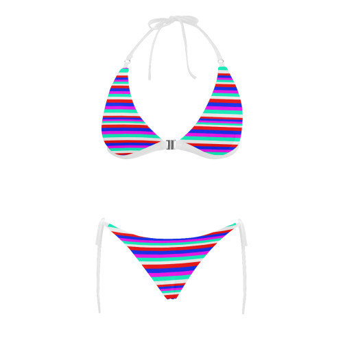 Colored Stripes - Fire Red Royal Blue Pink Mint Wh Buckle Front Halter Bikini Swimsuit (Model S08)