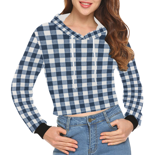 Navy Buffalo Plaid All Over Print Crop Hoodie for Women (Model H22)