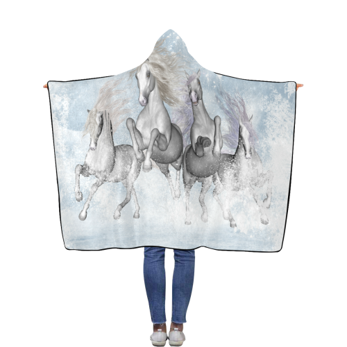 Awesome white wild horses Flannel Hooded Blanket 50''x60''