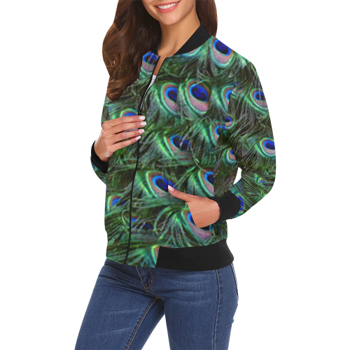 Peacock Feathers All Over Print Bomber Jacket for Women (Model H19)