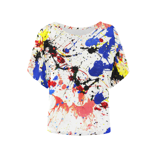 Blue and Red Paint Splatter Women's Batwing-Sleeved Blouse T shirt (Model T44)