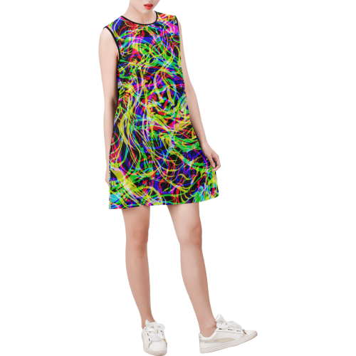 colorful abstract pattern Sleeveless Round Neck Shift Dress (Model D51)