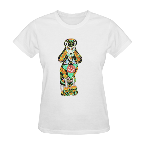 Sugar Skull Poodle Neon White Women's T-Shirt in USA Size (Two Sides Printing)