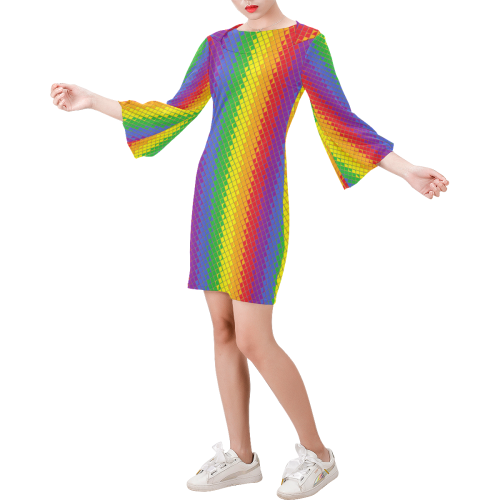 Rainbow Pattern by K.Merske Bell Sleeve Dress (Model D52)
