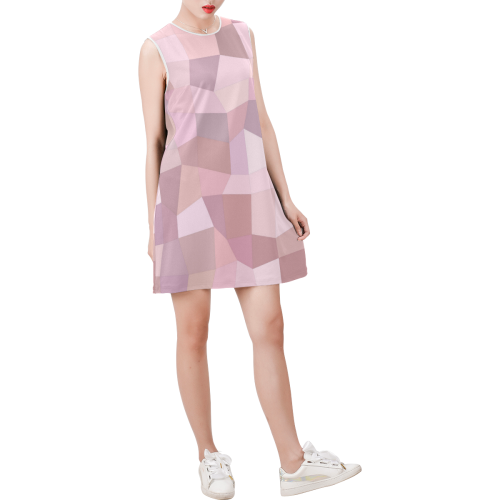 Pastel Pink Mosaic Sleeveless Round Neck Shift Dress (Model D51)