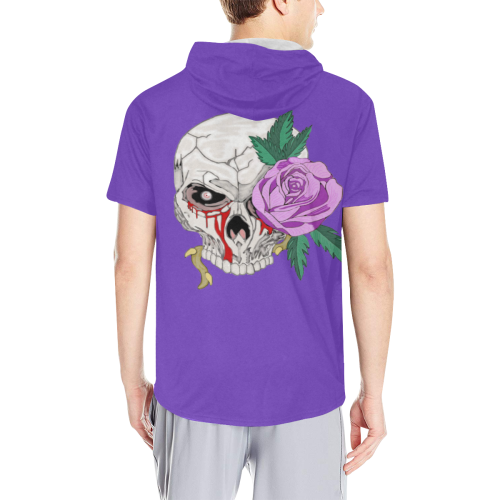 Skull Rose Pink Purple All Over Print Short Sleeve Hoodie for Men (Model H32)