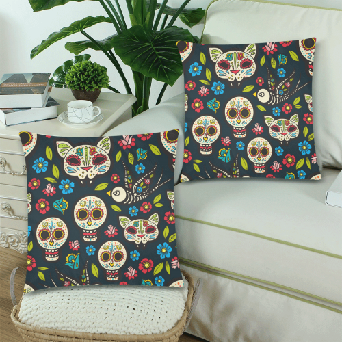 Sugar Skulls And Flowers Pattern Custom Zippered Pillow Cases 18"x 18" (Twin Sides) (Set of 2)