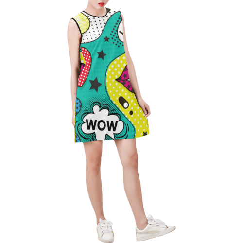 Trendy Pop Art Sleeveless Round Neck Shift Dress (Model D51)