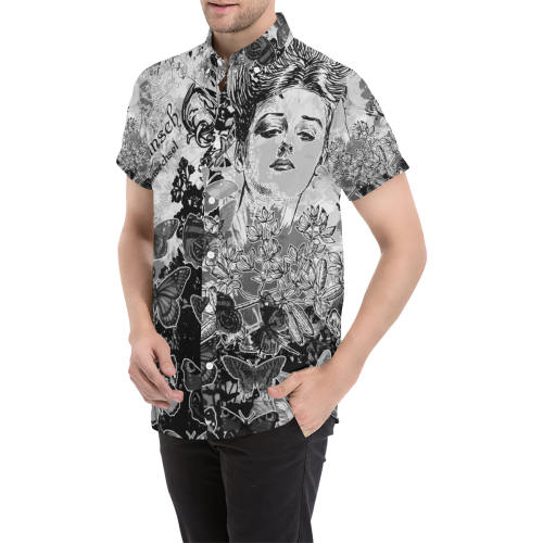 Lady and butterflies Men's All Over Print Short Sleeve Shirt (Model T53)