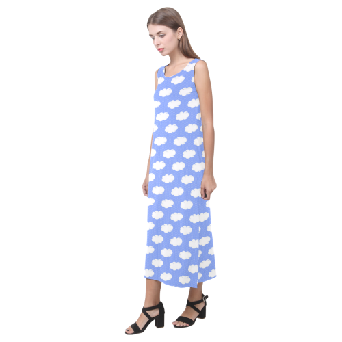 Clouds and Polka Dots on Blue Phaedra Sleeveless Open Fork Long Dress (Model D08)