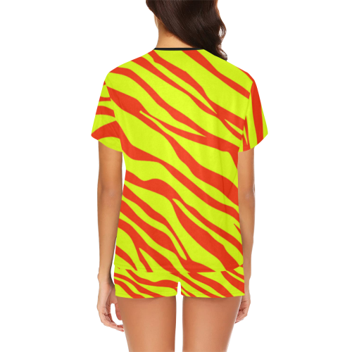 Cherry Red Sunshine Yellow Zebra Stripes Women's Short Pajama Set