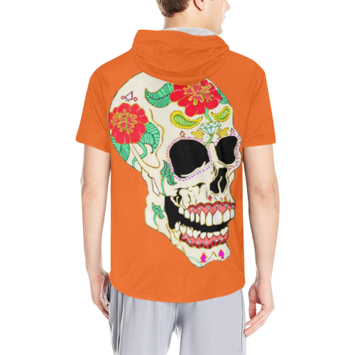 Flower Sugar Skull Orange All Over Print Short Sleeve Hoodie for Men (Model H32)