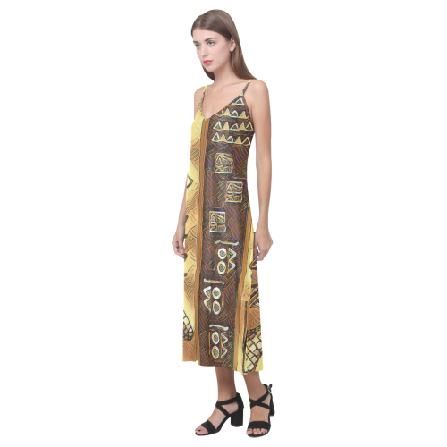 WooBoo Stripes Gold V-Neck Open Fork Long Dress(Model D18)