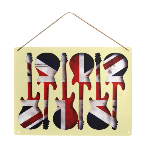 Union Jack British UK Flag Guitars Yellow Metal Tin Sign 16"x12"