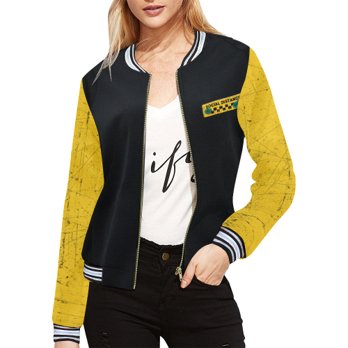 black and yellow social distance virus warning All Over Print Bomber Jacket for Women (Model H21)