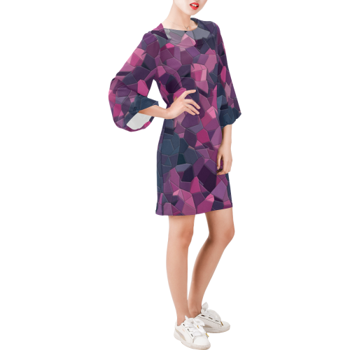 purple pink magenta mosaic #purple Bell Sleeve Dress (Model D52)