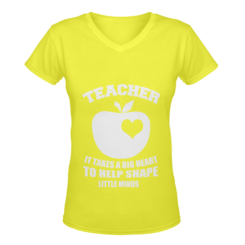 TEACHER IT TAKES A BIG HEART TO HELP SHAPE LITTLE MINDS YELLOW Women's Deep V-neck T-shirt (Model T19)