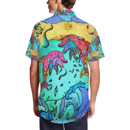 Dolphin popart by Nico Bielow Men's Short Sleeve Shirt with Lapel Collar (Model T54)