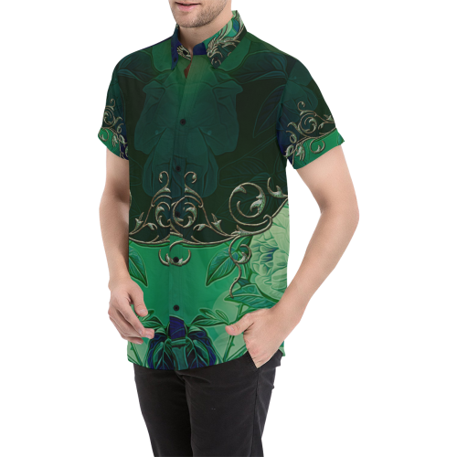 Green floral design Men's All Over Print Short Sleeve Shirt/Large Size (Model T53)