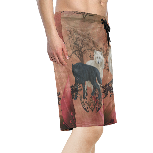 Awesome black and white wolf Men's All Over Print Board Shorts (Model L16)